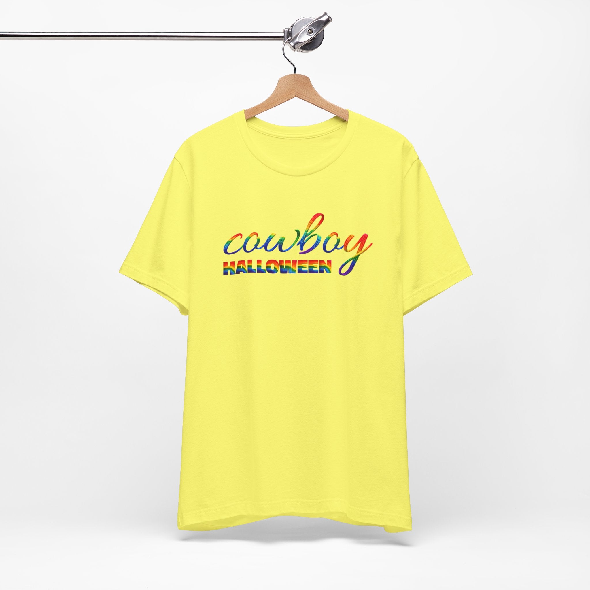 Cowboy Halloween Rainbow T‑Shirt — Colorful Script Western Halloween Tee