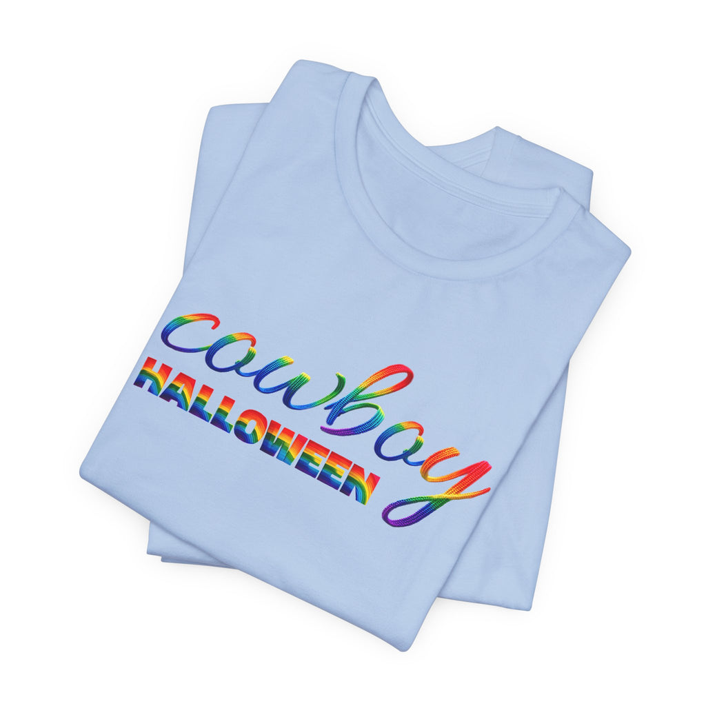 Cowboy Halloween Rainbow T‑Shirt — Colorful Script Western Halloween Tee