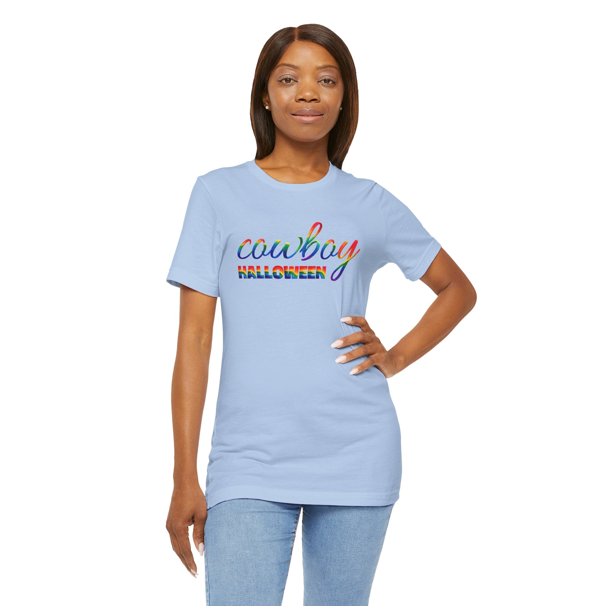 Cowboy Halloween Rainbow T‑Shirt — Colorful Script Western Halloween Tee
