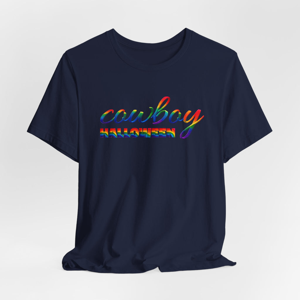 Cowboy Halloween Rainbow T‑Shirt — Colorful Script Western Halloween Tee