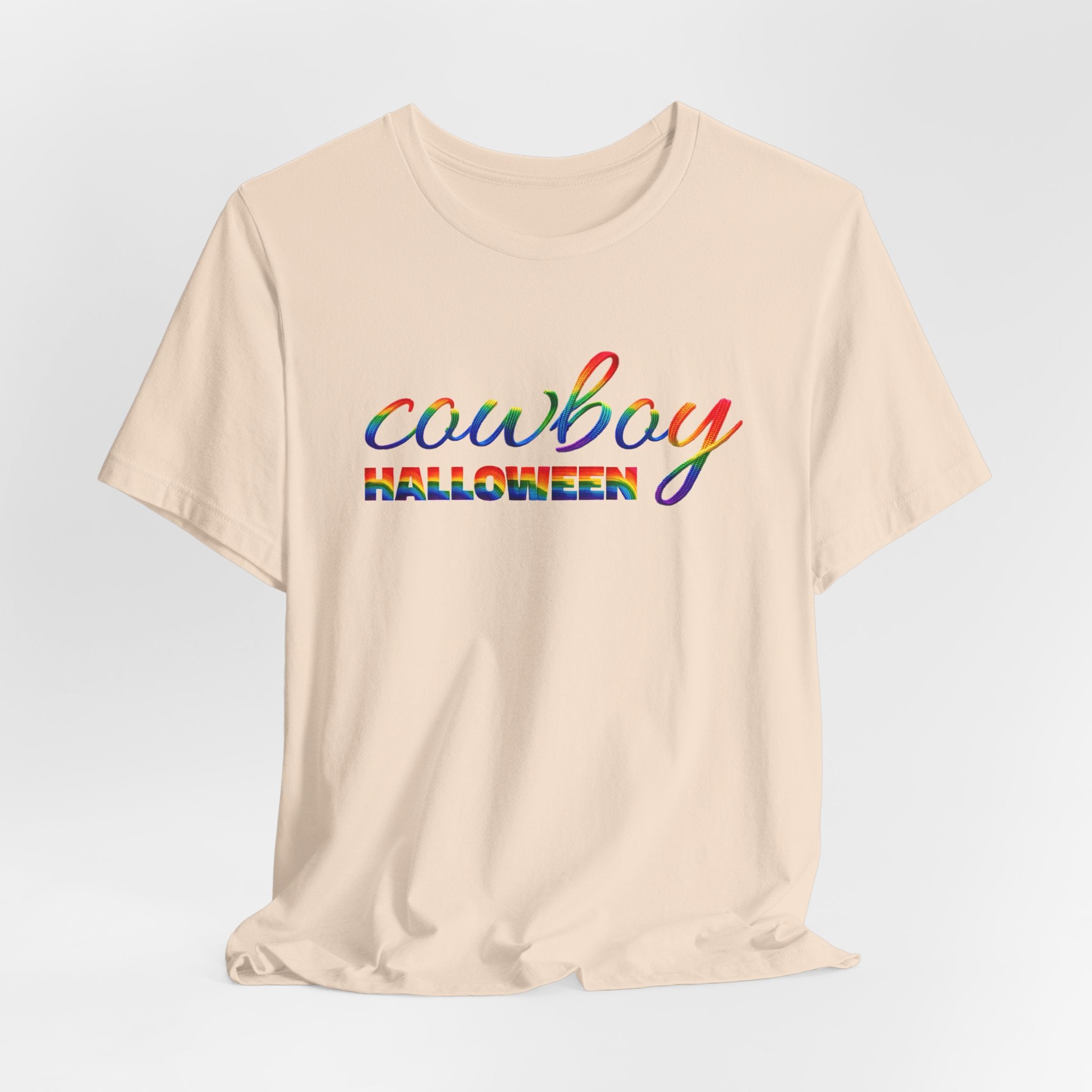 Cowboy Halloween Rainbow T‑Shirt — Colorful Script Western Halloween Tee