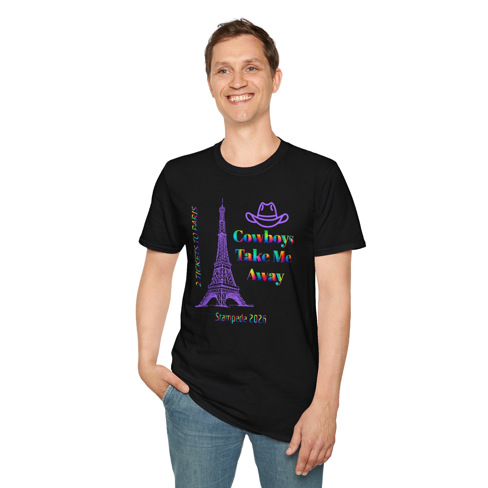 Stampede Pride | Rainbow Tee | Cowboys Take Me Away T‑Shirt — Eiffel Tower