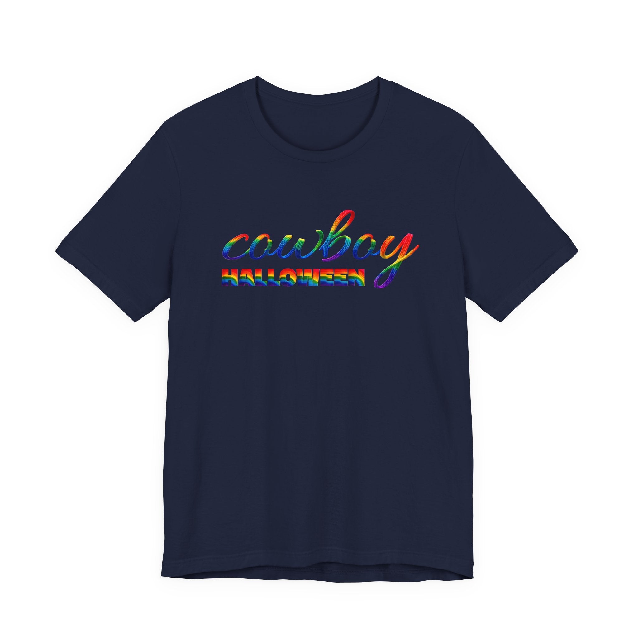 Cowboy Halloween Rainbow T‑Shirt — Colorful Script Western Halloween Tee