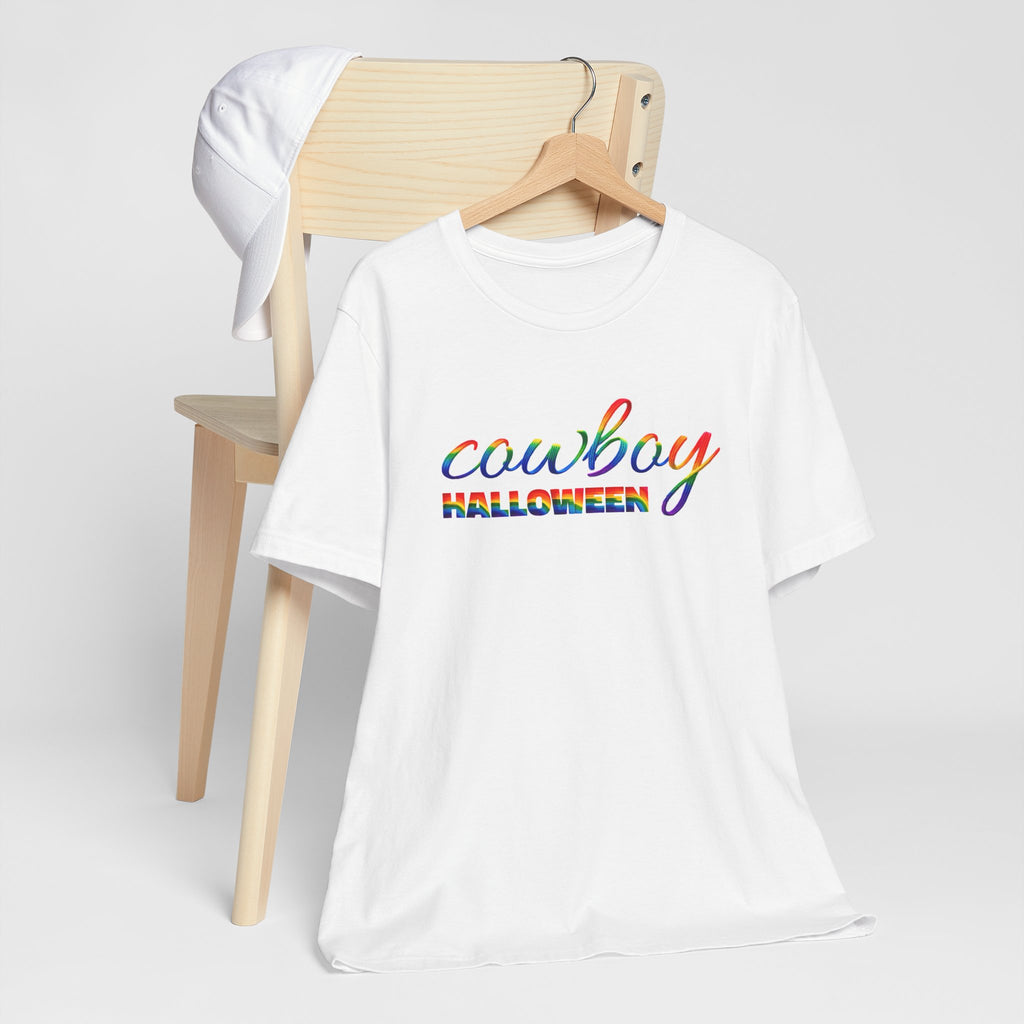 Cowboy Halloween Rainbow T‑Shirt — Colorful Script Western Halloween Tee
