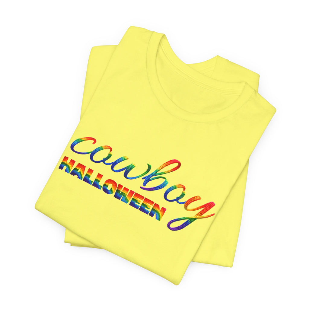 Cowboy Halloween Rainbow T‑Shirt — Colorful Script Western Halloween Tee
