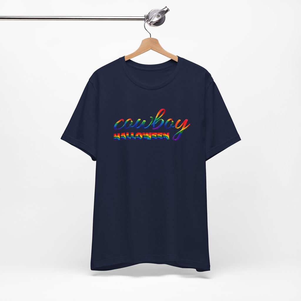 Cowboy Halloween Rainbow T‑Shirt — Colorful Script Western Halloween Tee