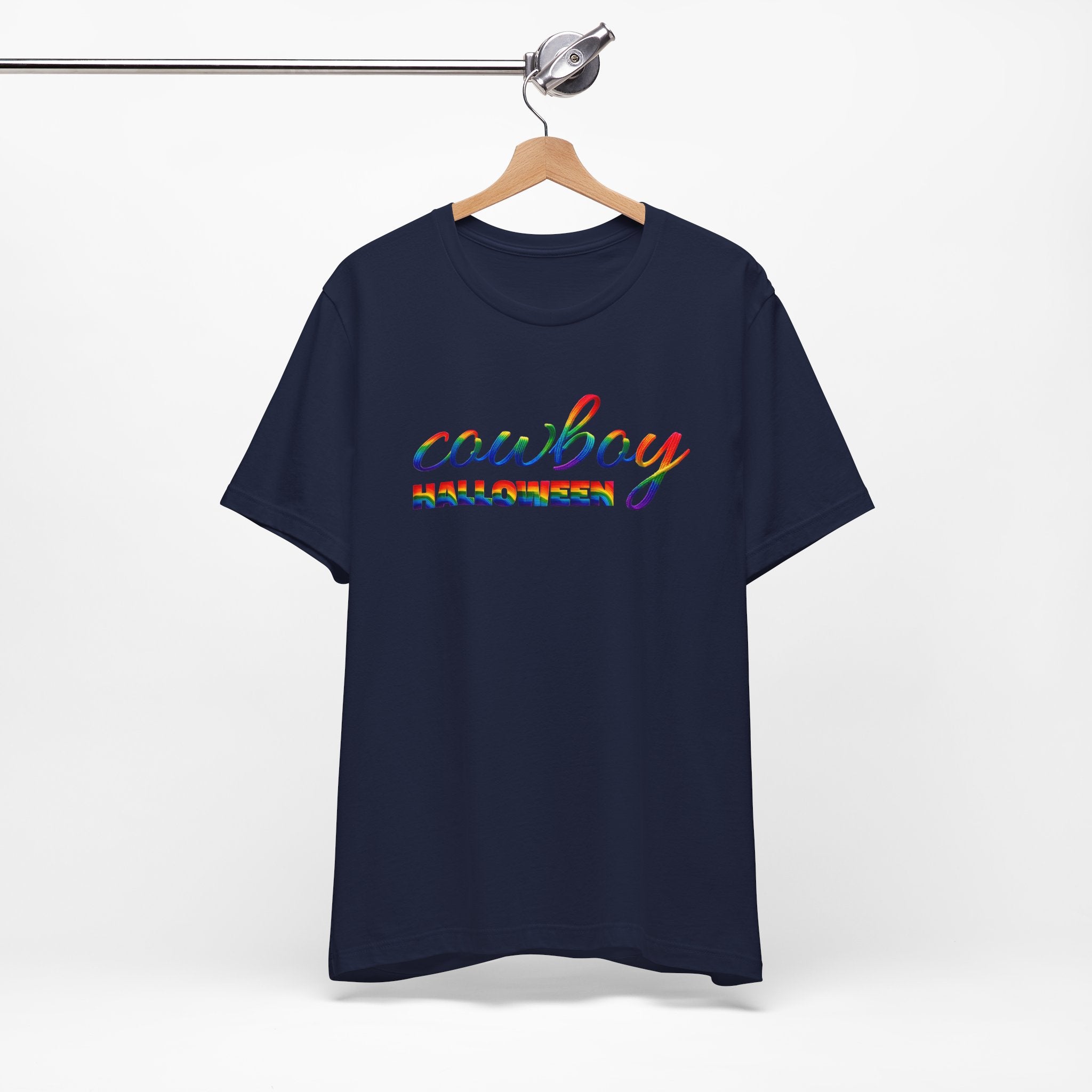 Cowboy Halloween Rainbow T‑Shirt — Colorful Script Western Halloween Tee