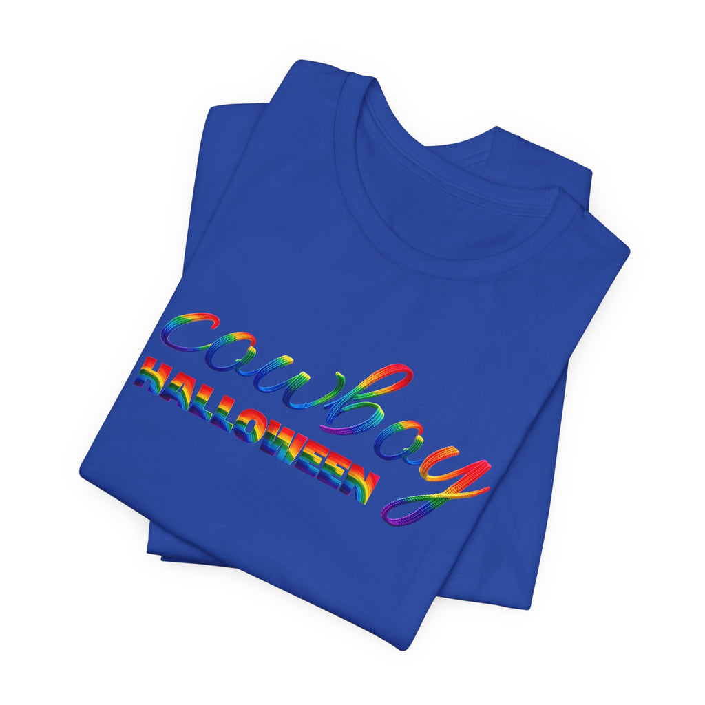 Cowboy Halloween Rainbow T‑Shirt — Colorful Script Western Halloween Tee