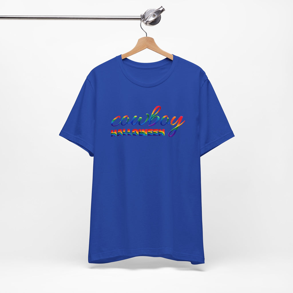 Cowboy Halloween Rainbow T‑Shirt — Colorful Script Western Halloween Tee
