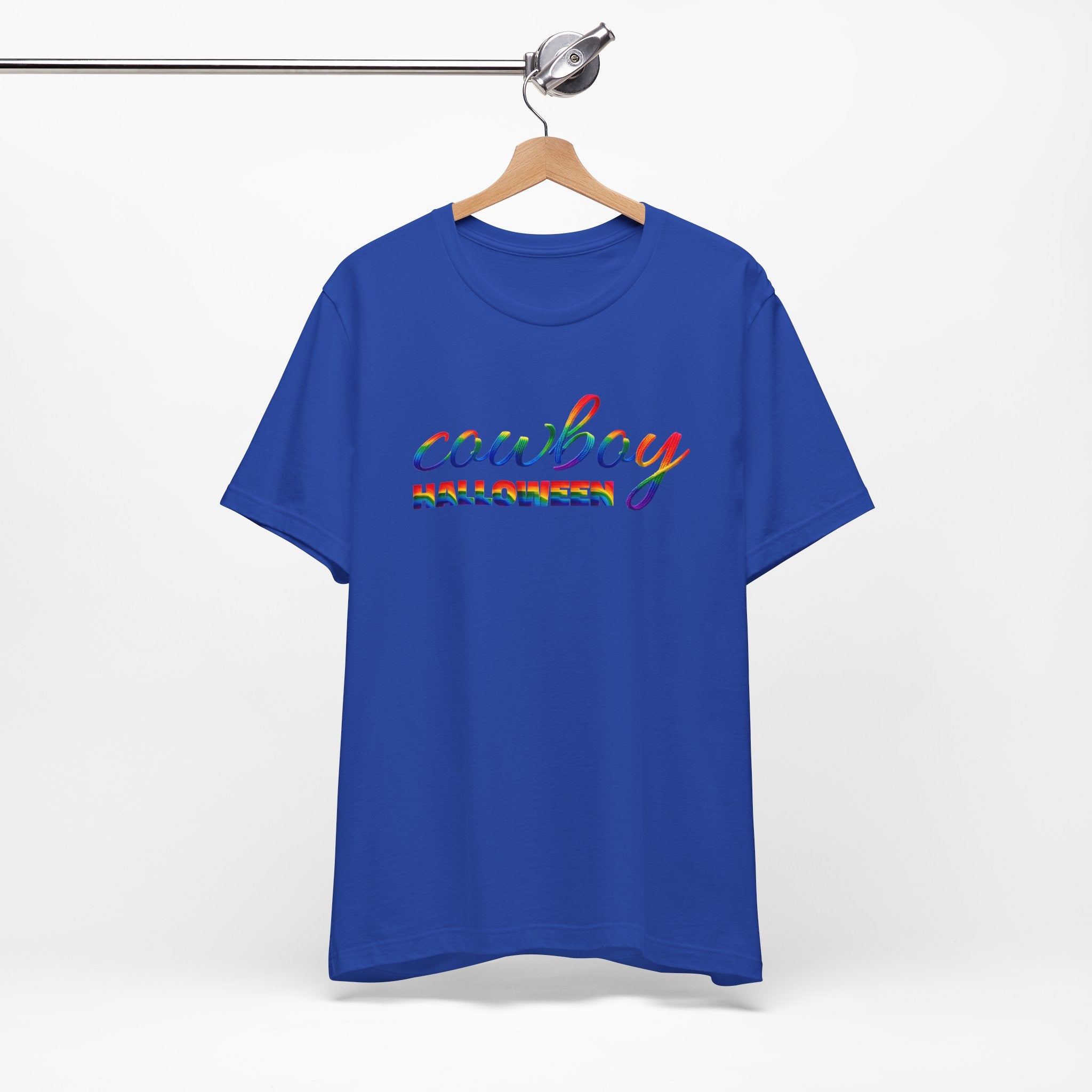 Cowboy Halloween Rainbow T‑Shirt — Colorful Script Western Halloween Tee