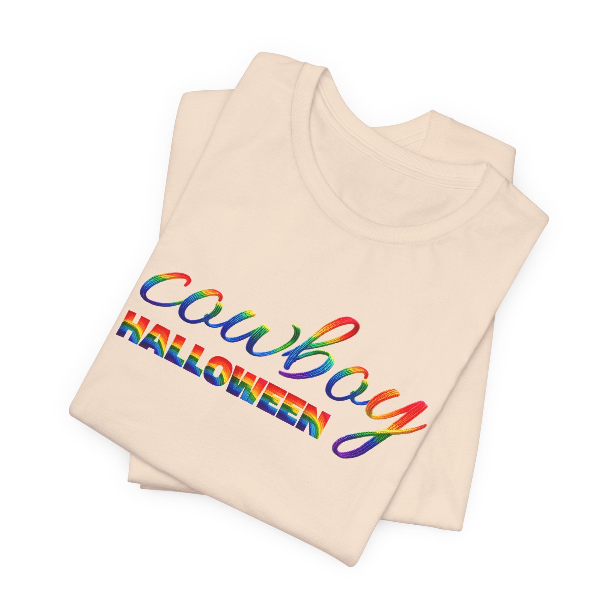 Cowboy Halloween Rainbow T‑Shirt — Colorful Script Western Halloween Tee