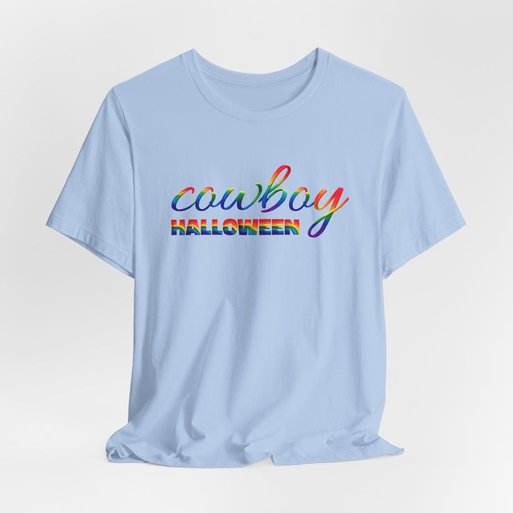 Cowboy Halloween Rainbow T‑Shirt — Colorful Script Western Halloween Tee