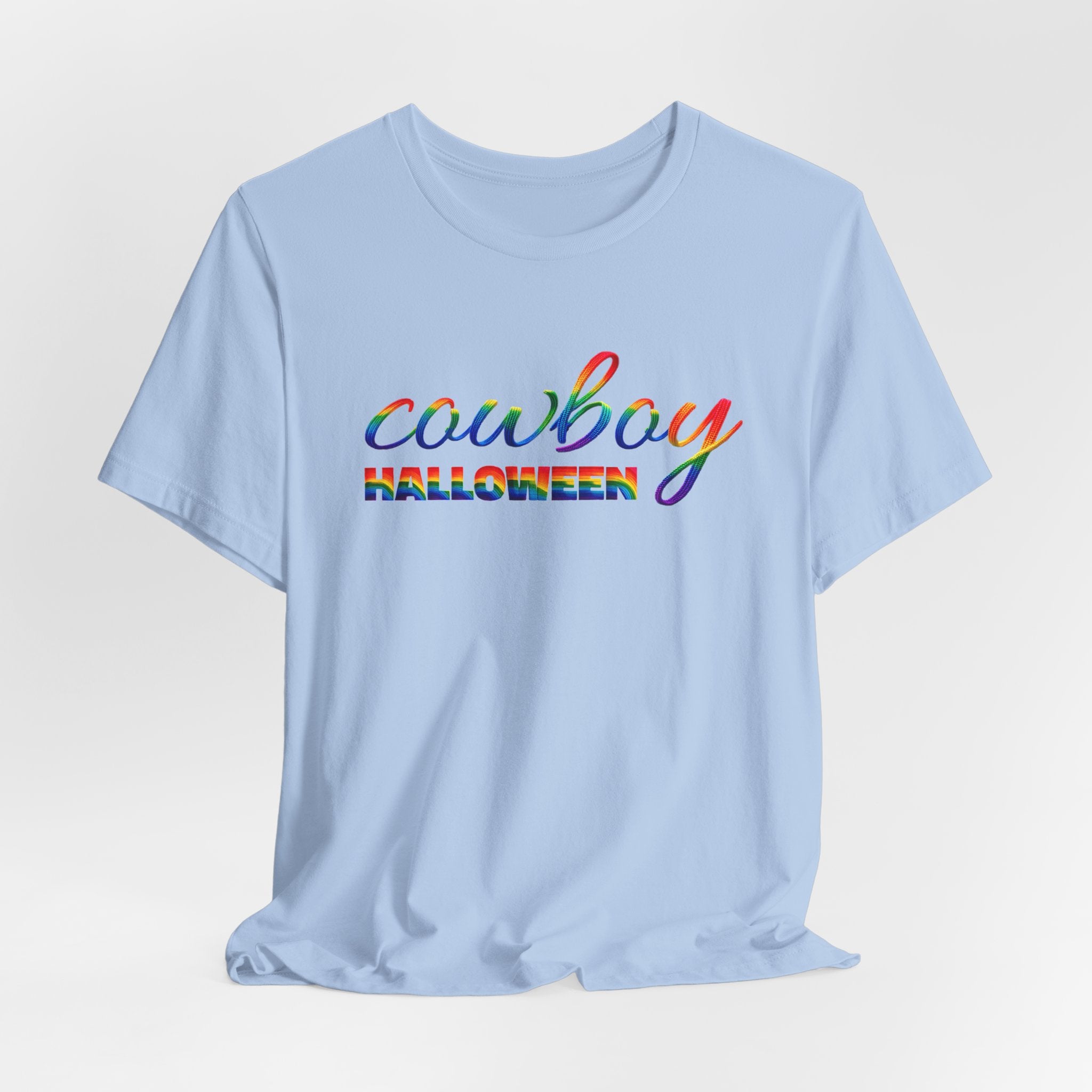 Cowboy Halloween Rainbow T‑Shirt — Colorful Script Western Halloween Tee