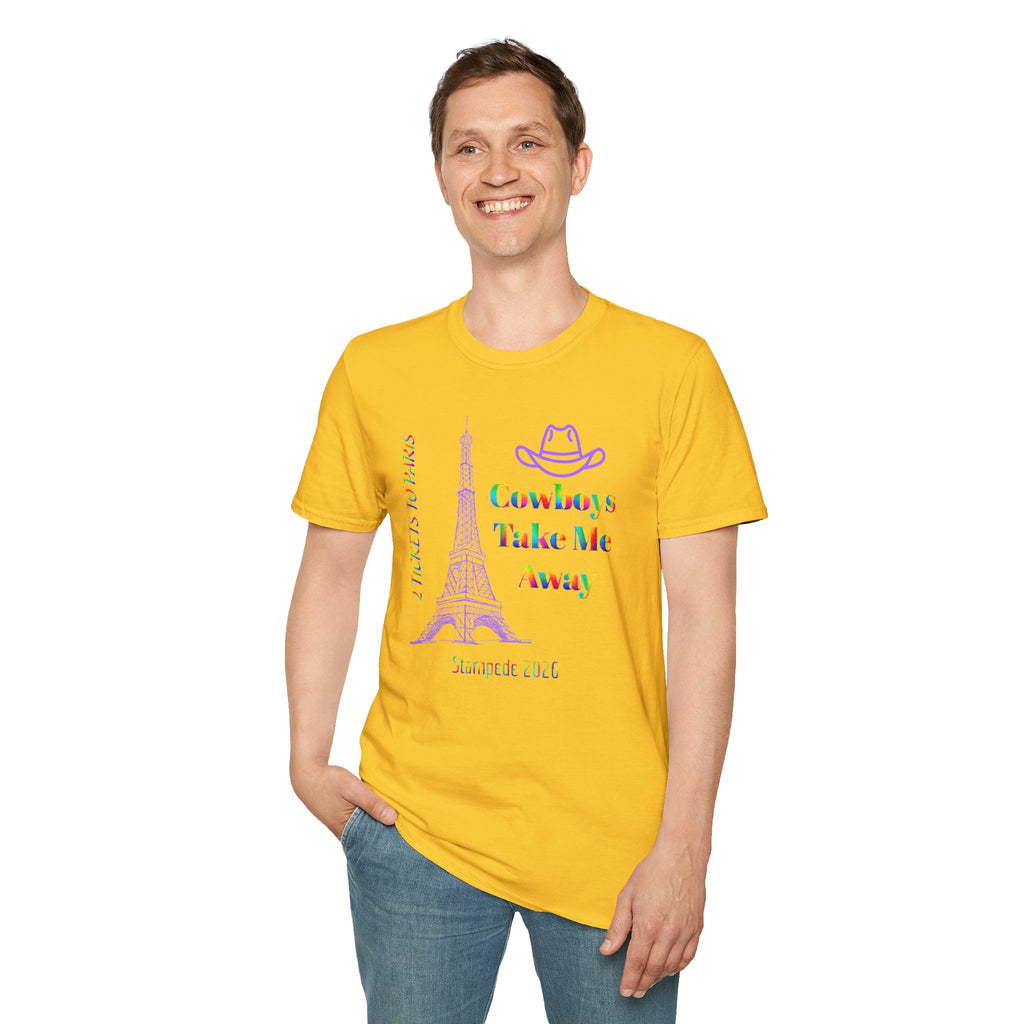 Stampede Pride | Rainbow Tee | Cowboys Take Me Away T‑Shirt — Eiffel Tower