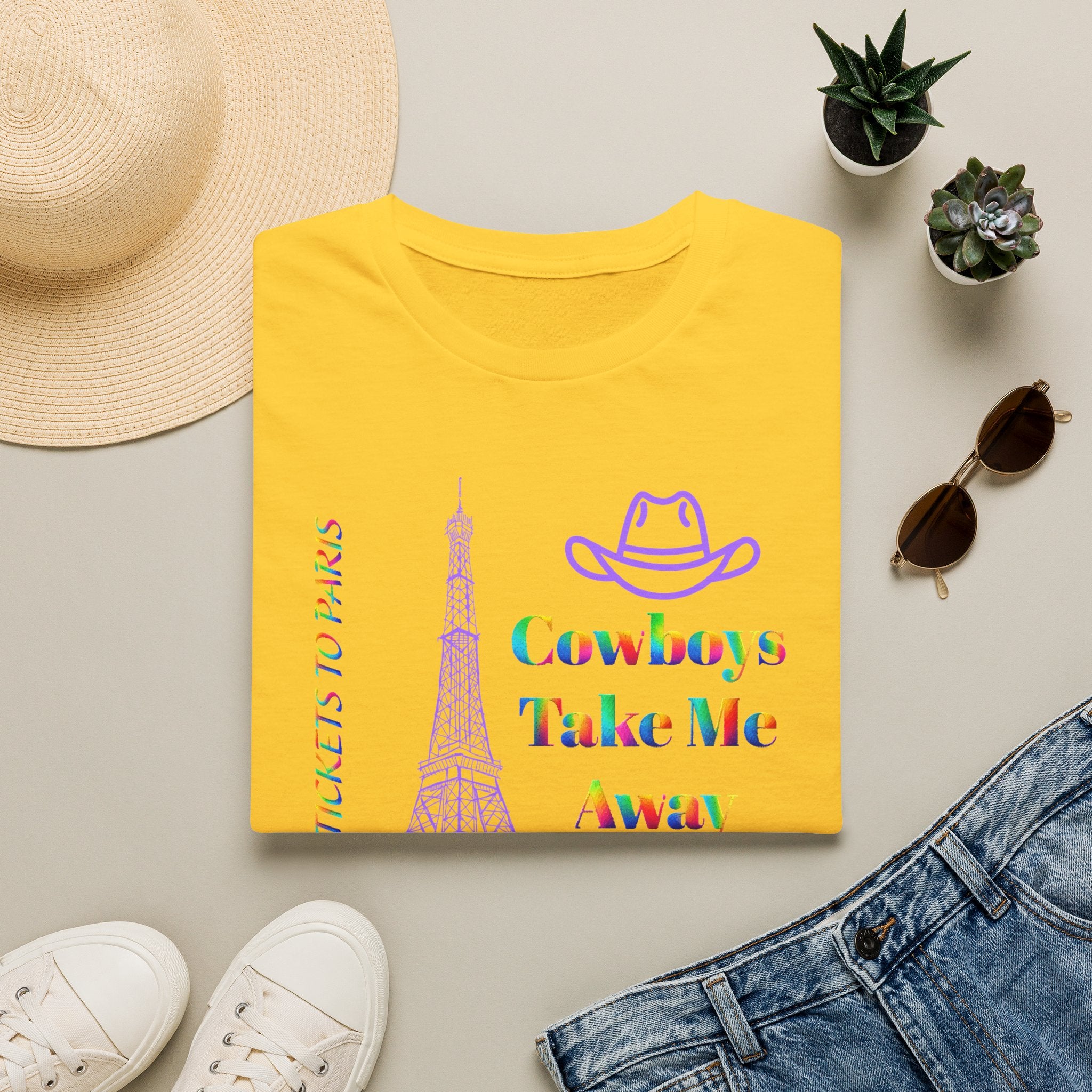 Stampede Pride | Rainbow Tee | Cowboys Take Me Away T‑Shirt — Eiffel Tower