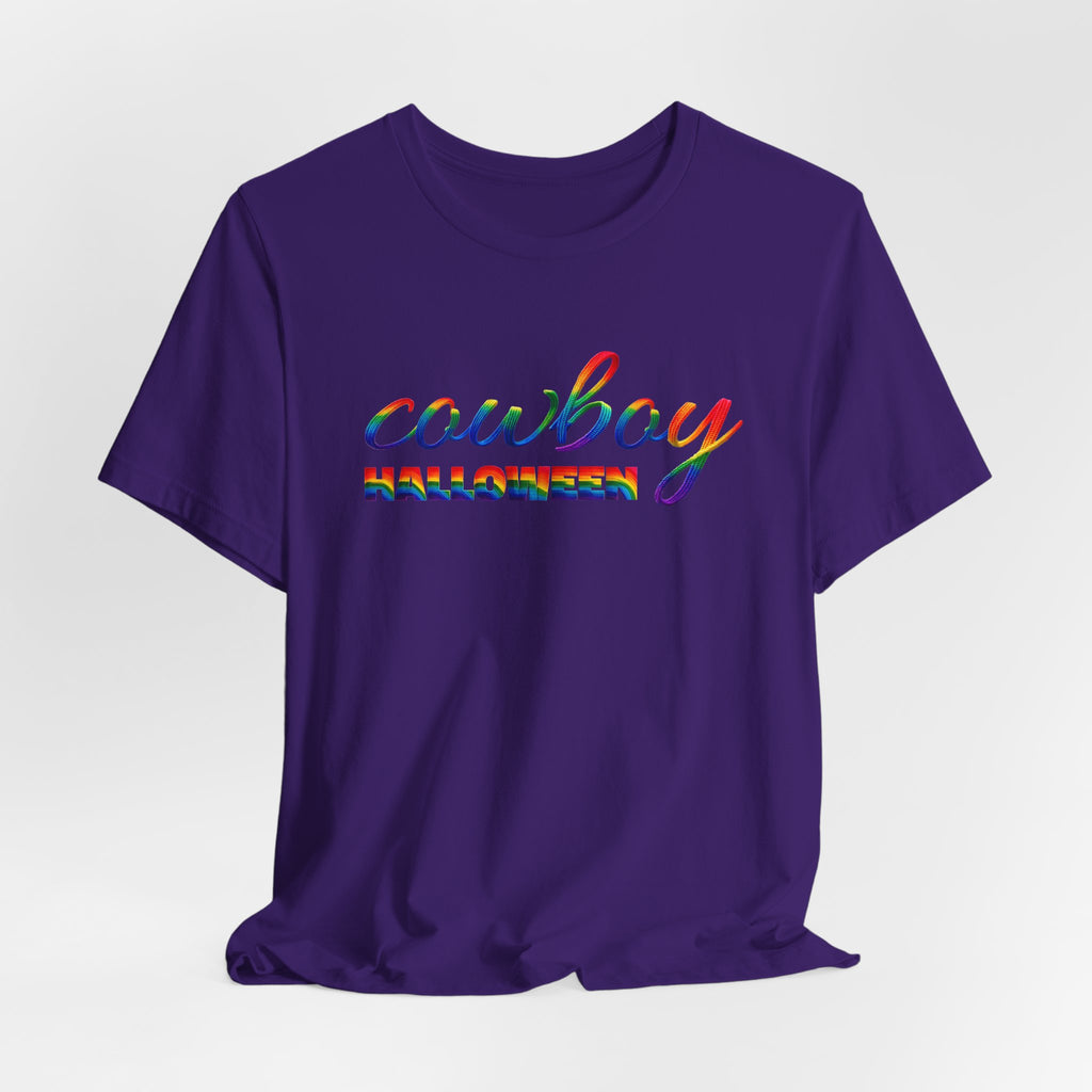Cowboy Halloween Rainbow T‑Shirt — Colorful Script Western Halloween Tee