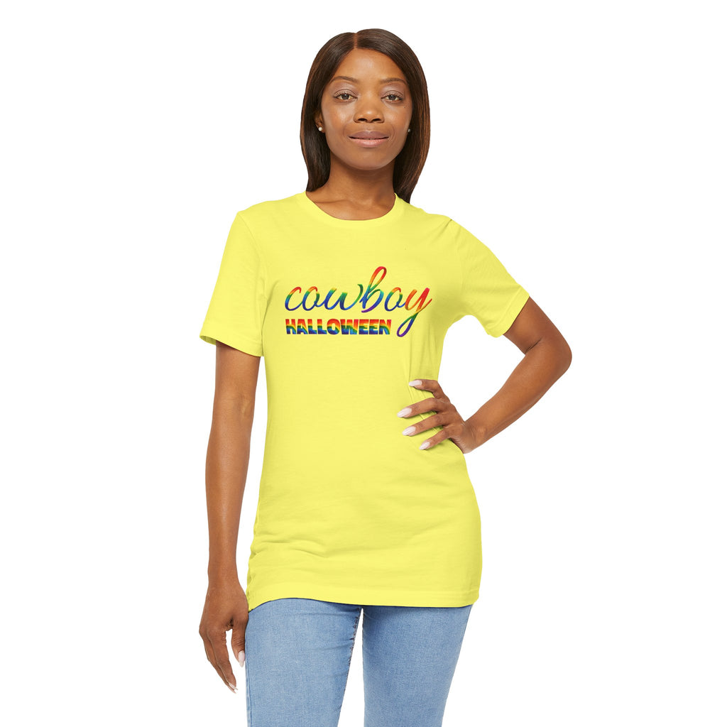 Cowboy Halloween Rainbow T‑Shirt — Colorful Script Western Halloween Tee