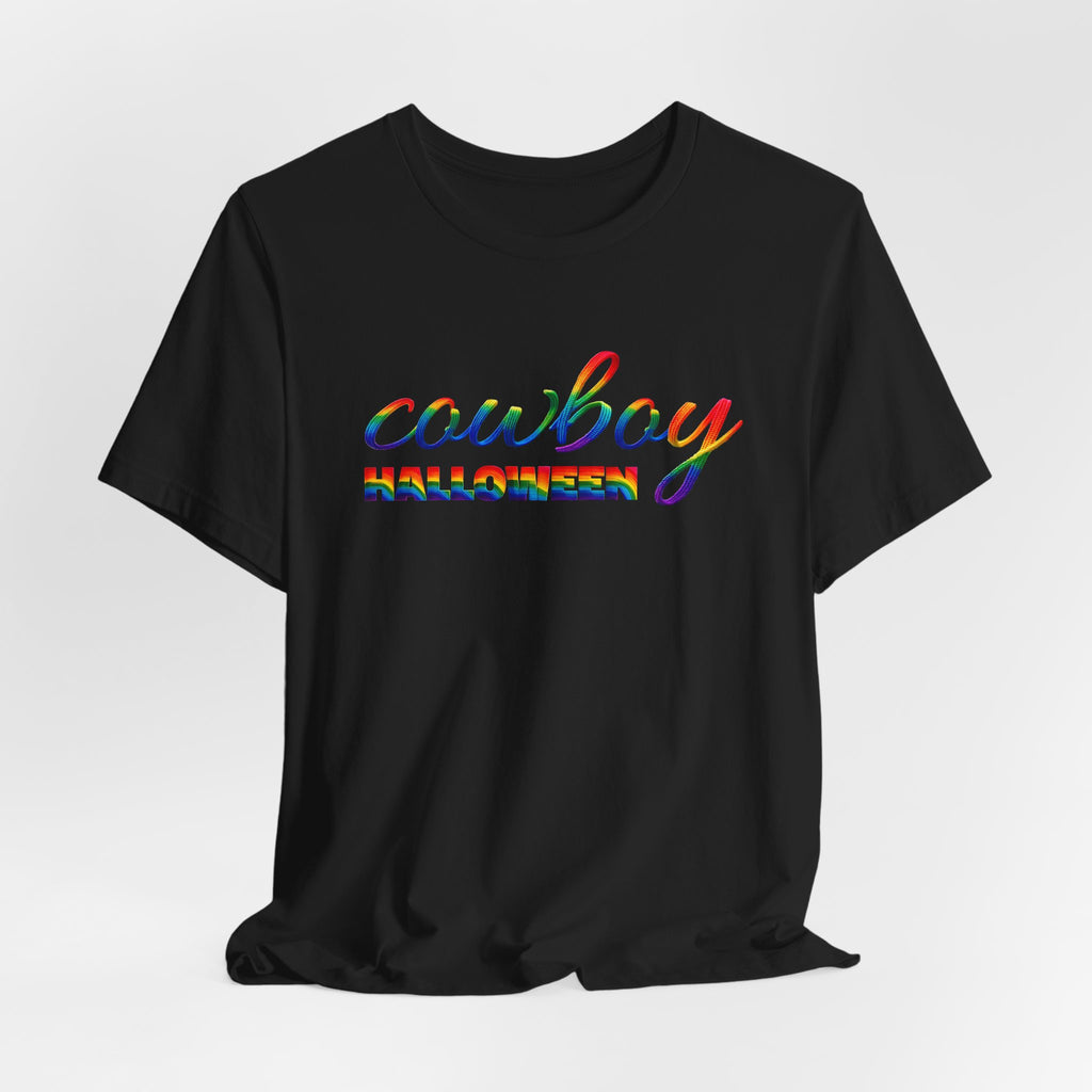 Cowboy Halloween Rainbow T‑Shirt — Colorful Script Western Halloween Tee