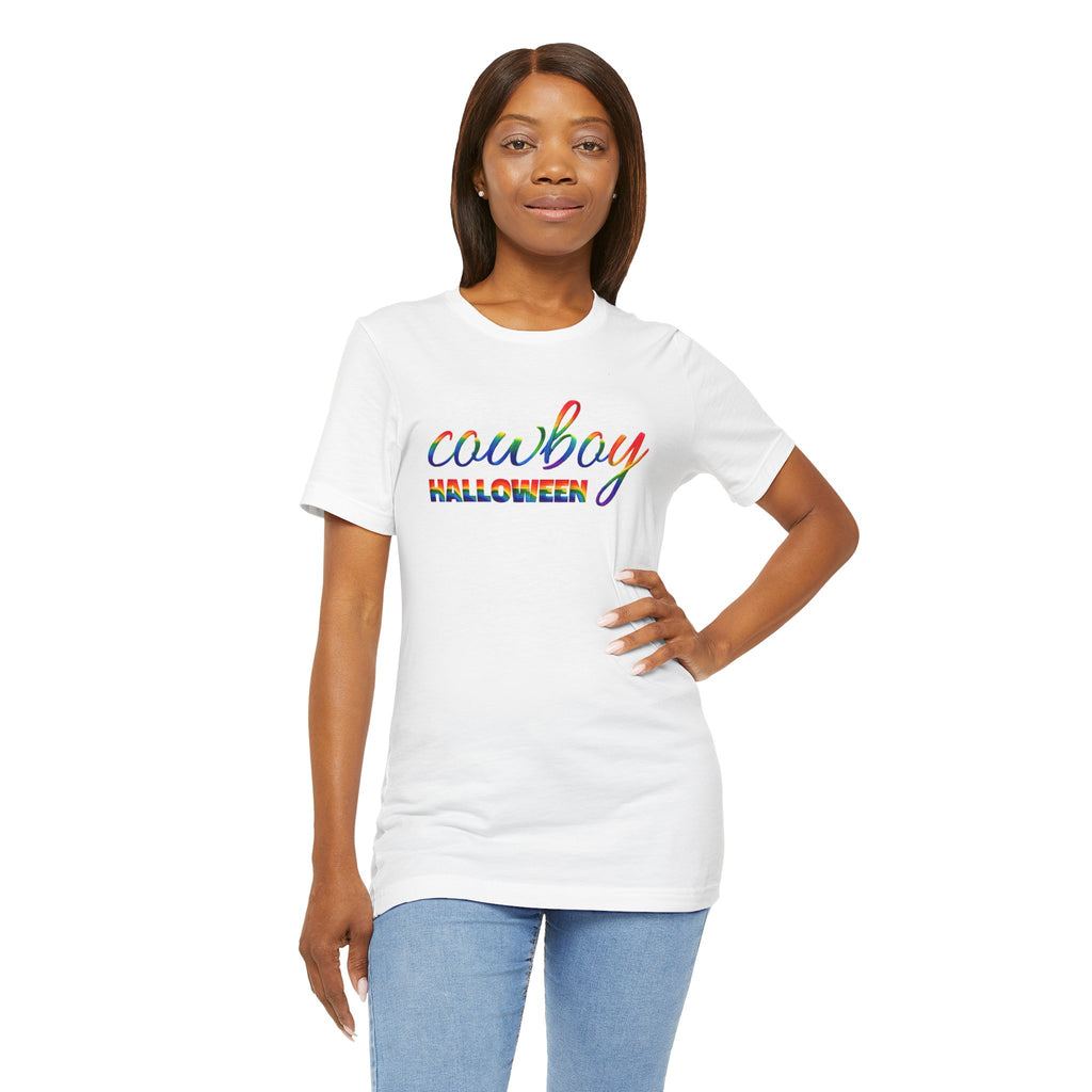 Cowboy Halloween Rainbow T‑Shirt — Colorful Script Western Halloween Tee