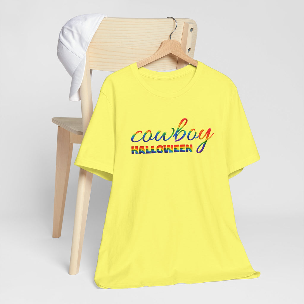 Cowboy Halloween Rainbow T‑Shirt — Colorful Script Western Halloween Tee