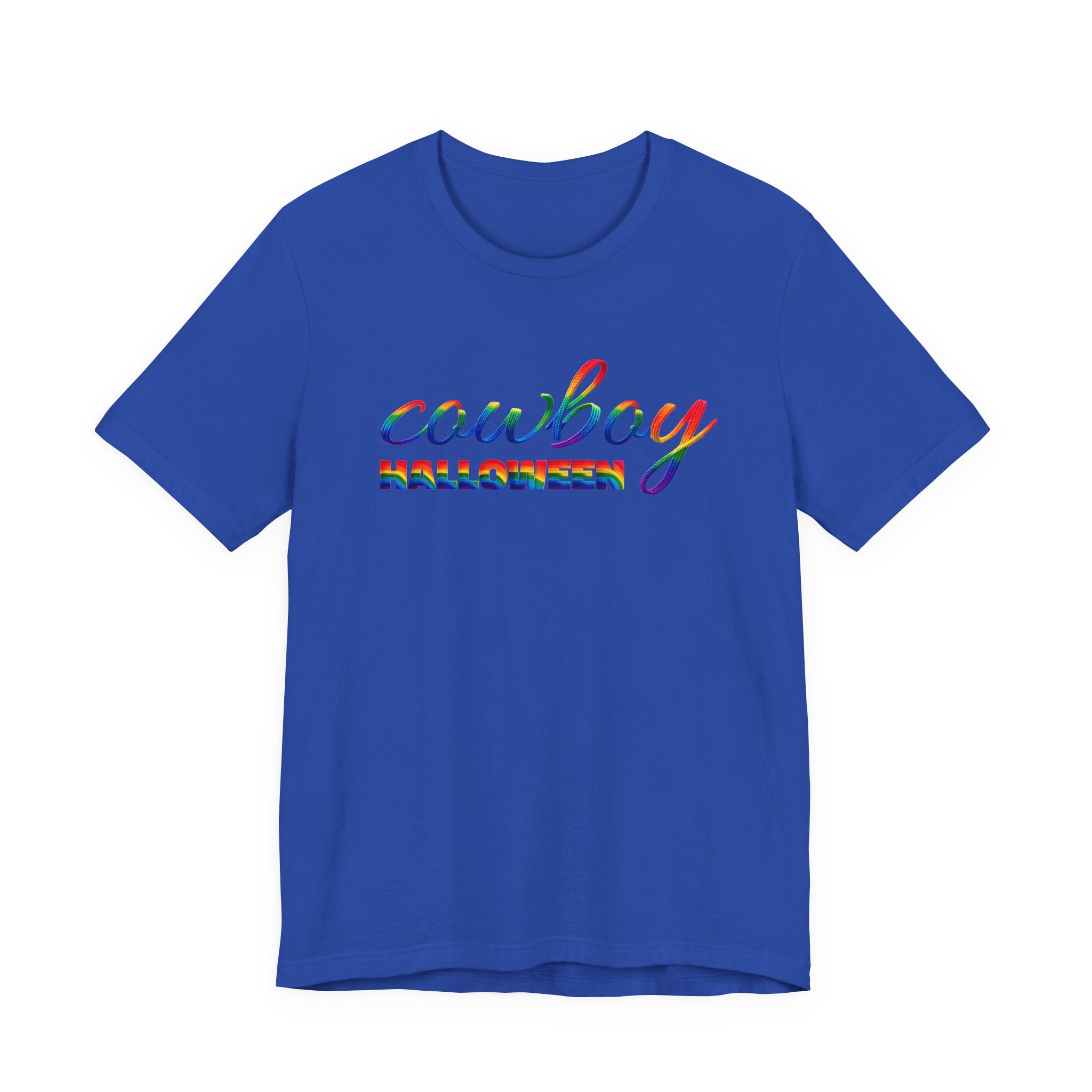 Cowboy Halloween Rainbow T‑Shirt — Colorful Script Western Halloween Tee