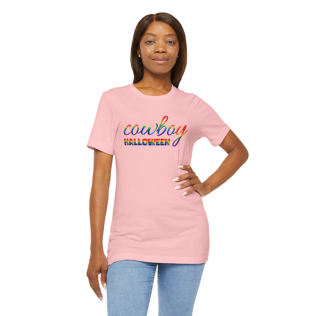 Cowboy Halloween Rainbow T‑Shirt — Colorful Script Western Halloween Tee