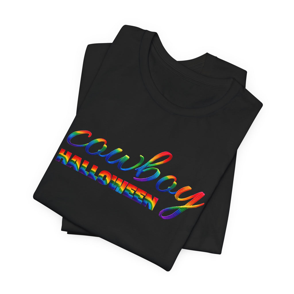 Cowboy Halloween Rainbow T‑Shirt — Colorful Script Western Halloween Tee