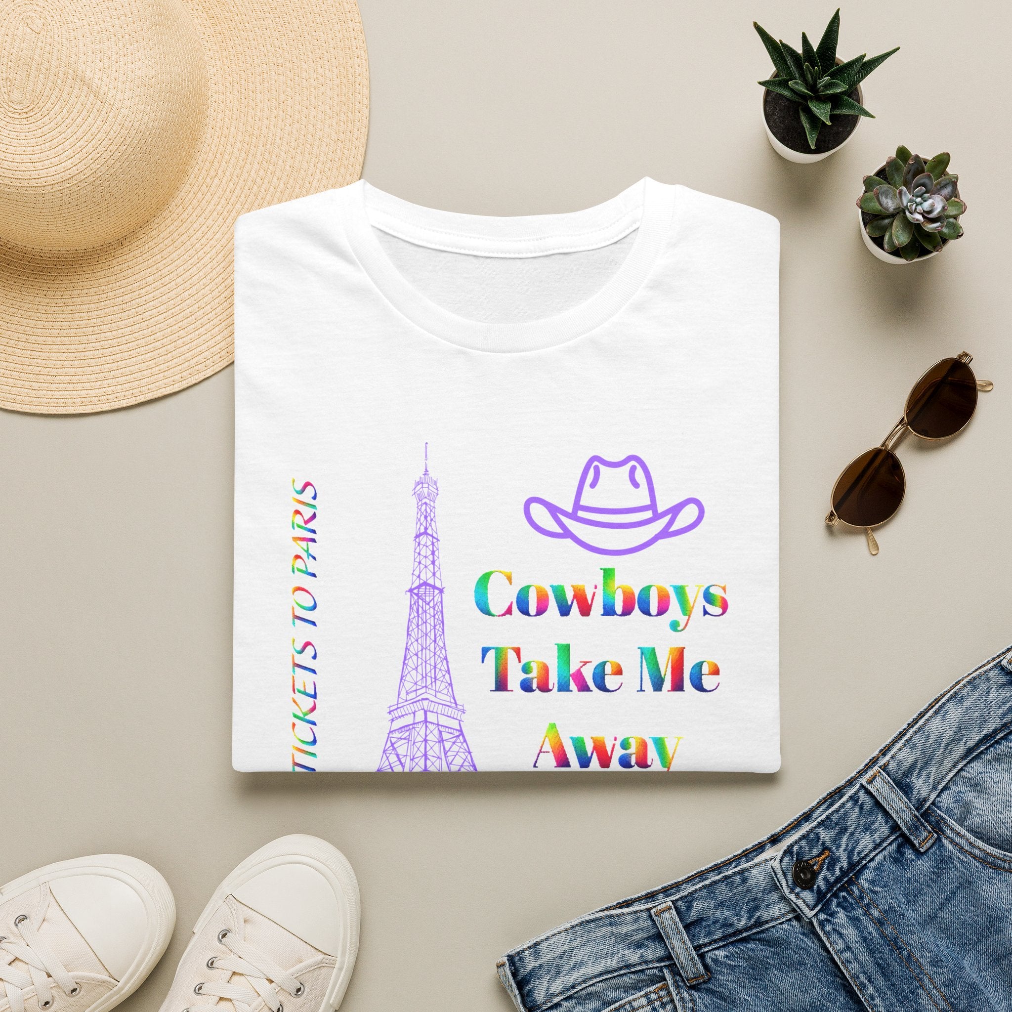 Stampede Pride | Rainbow Tee | Cowboys Take Me Away T‑Shirt — Eiffel Tower