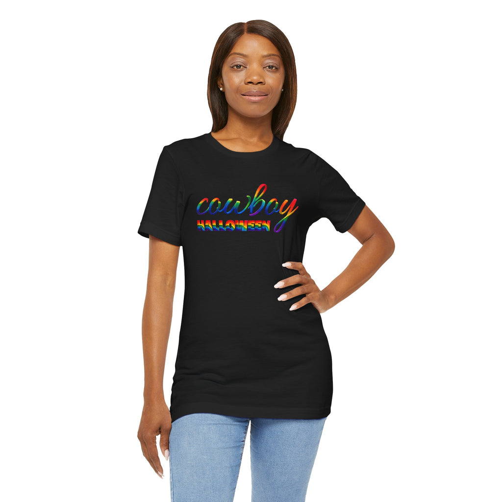 Cowboy Halloween Rainbow T‑Shirt — Colorful Script Western Halloween Tee
