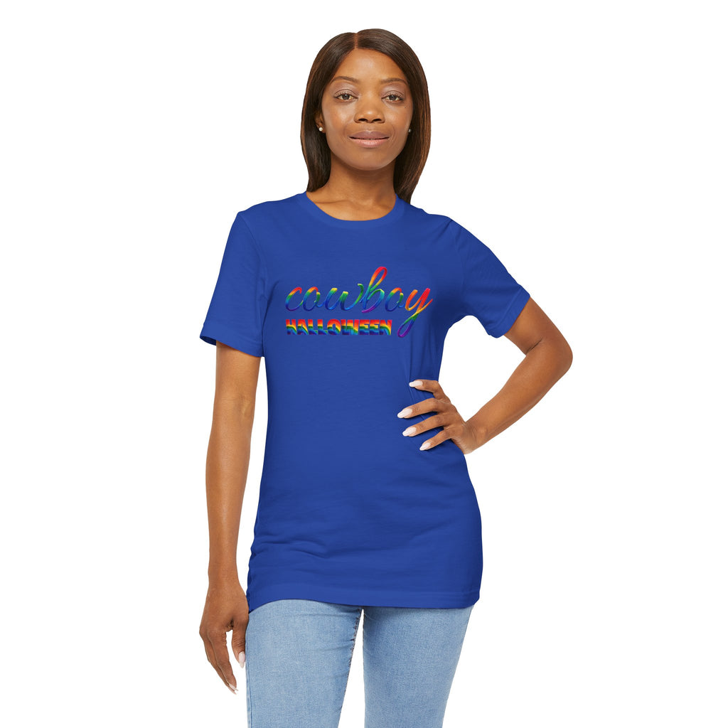 Cowboy Halloween Rainbow T‑Shirt — Colorful Script Western Halloween Tee