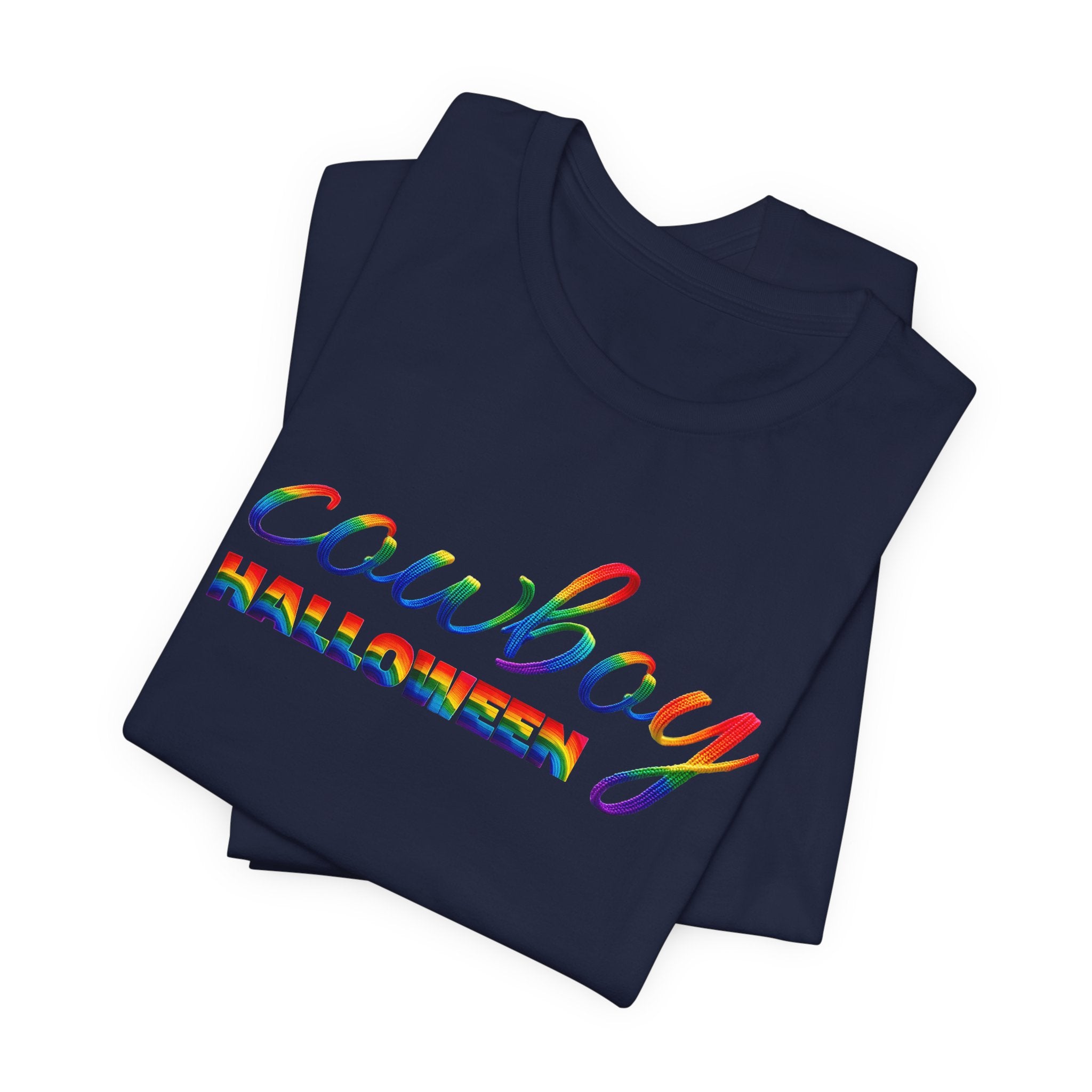 Cowboy Halloween Rainbow T‑Shirt — Colorful Script Western Halloween Tee
