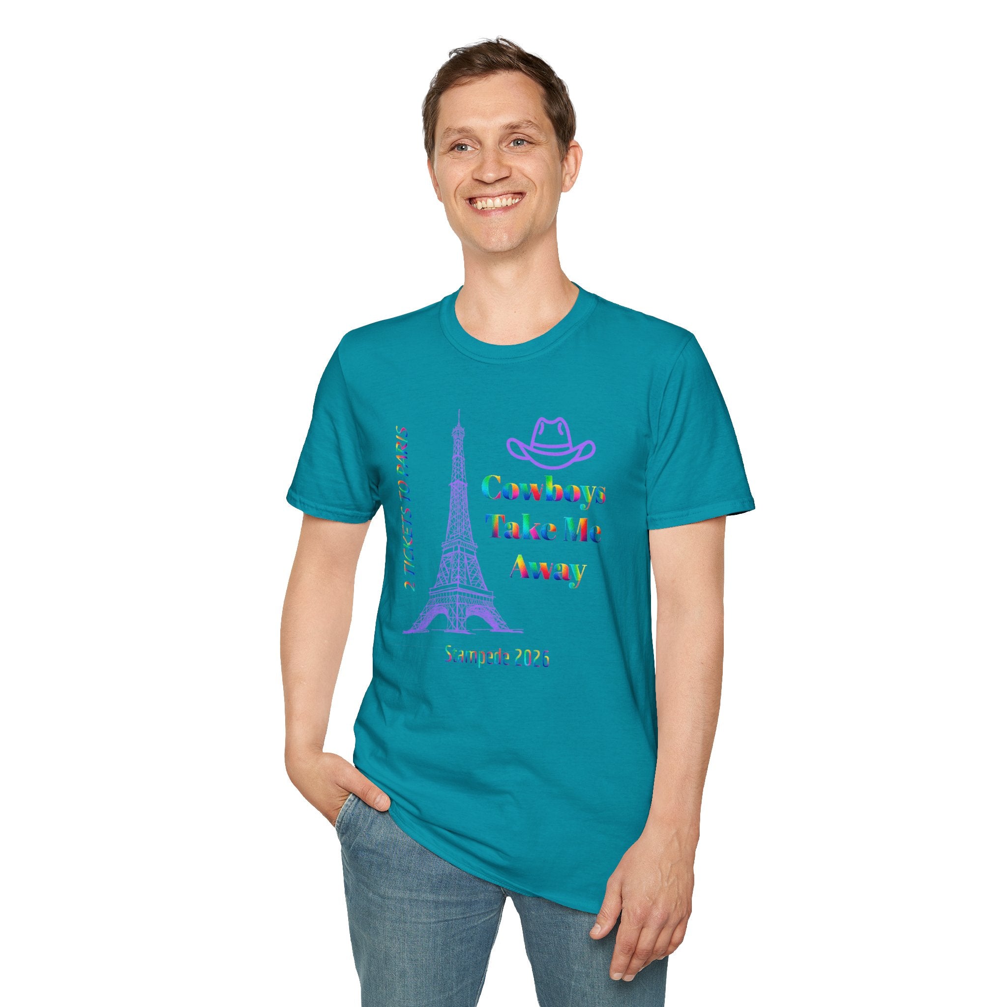 Stampede Pride | Rainbow Tee | Cowboys Take Me Away T‑Shirt — Eiffel Tower