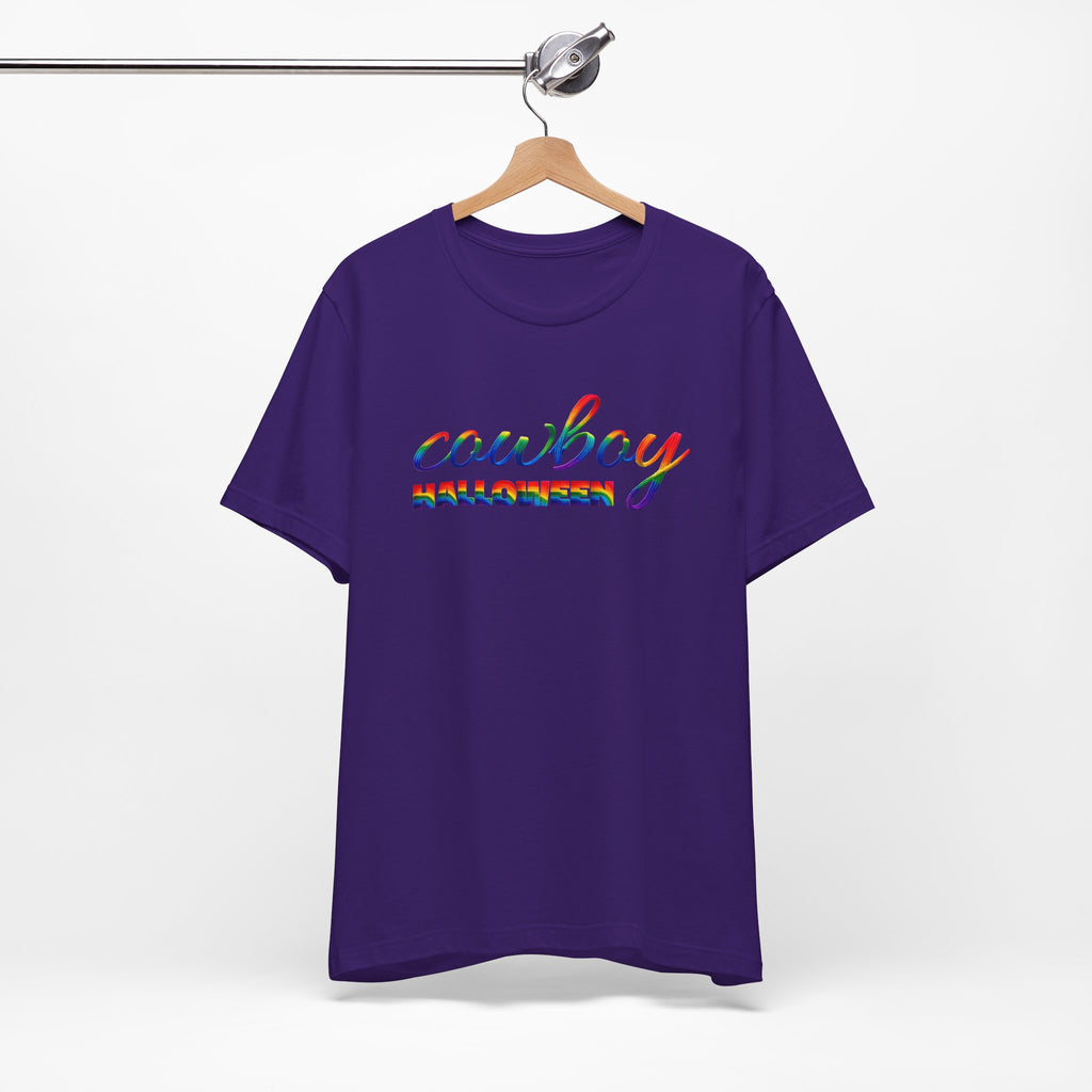 Cowboy Halloween Rainbow T‑Shirt — Colorful Script Western Halloween Tee