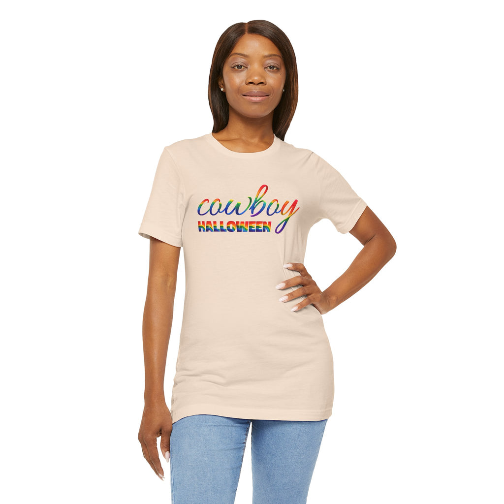 Cowboy Halloween Rainbow T‑Shirt — Colorful Script Western Halloween Tee
