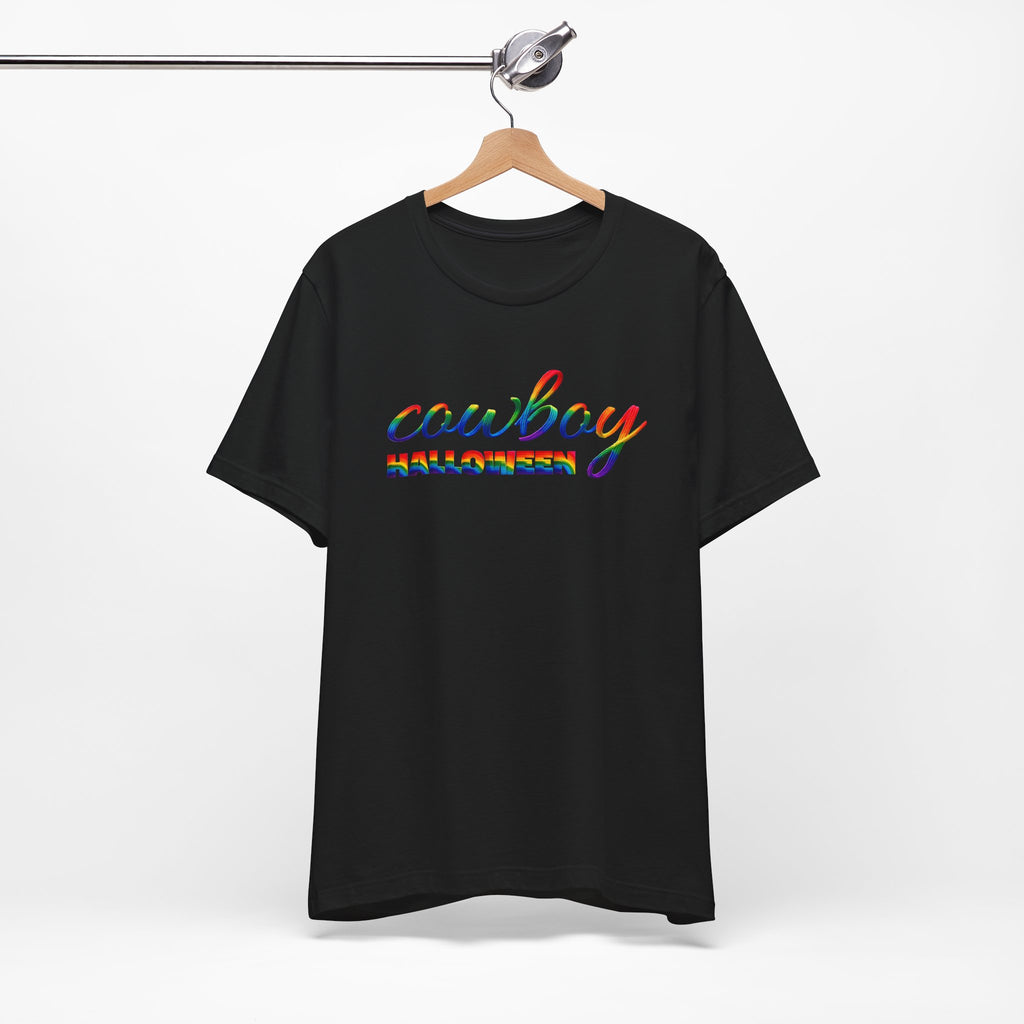 Cowboy Halloween Rainbow T‑Shirt — Colorful Script Western Halloween Tee