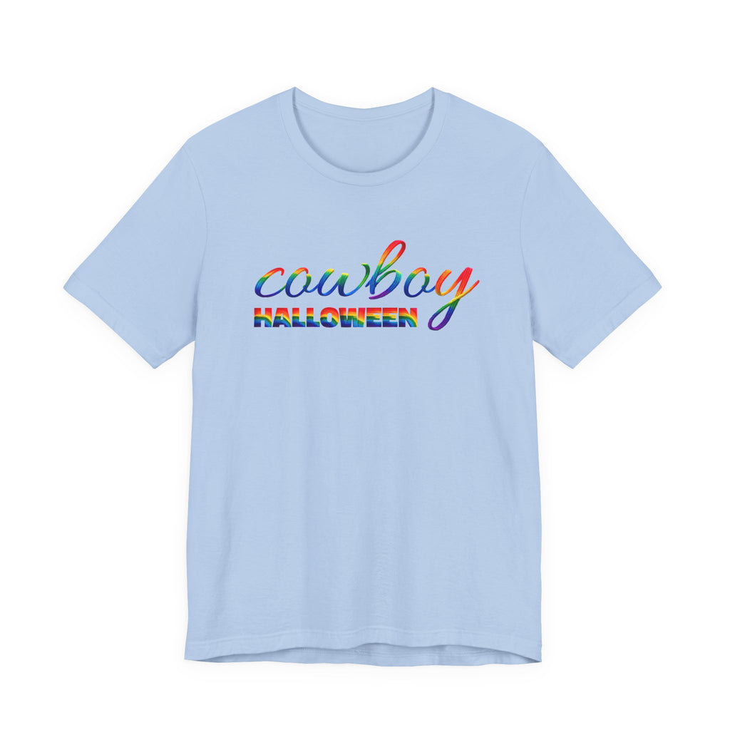 Cowboy Halloween Rainbow T‑Shirt — Colorful Script Western Halloween Tee