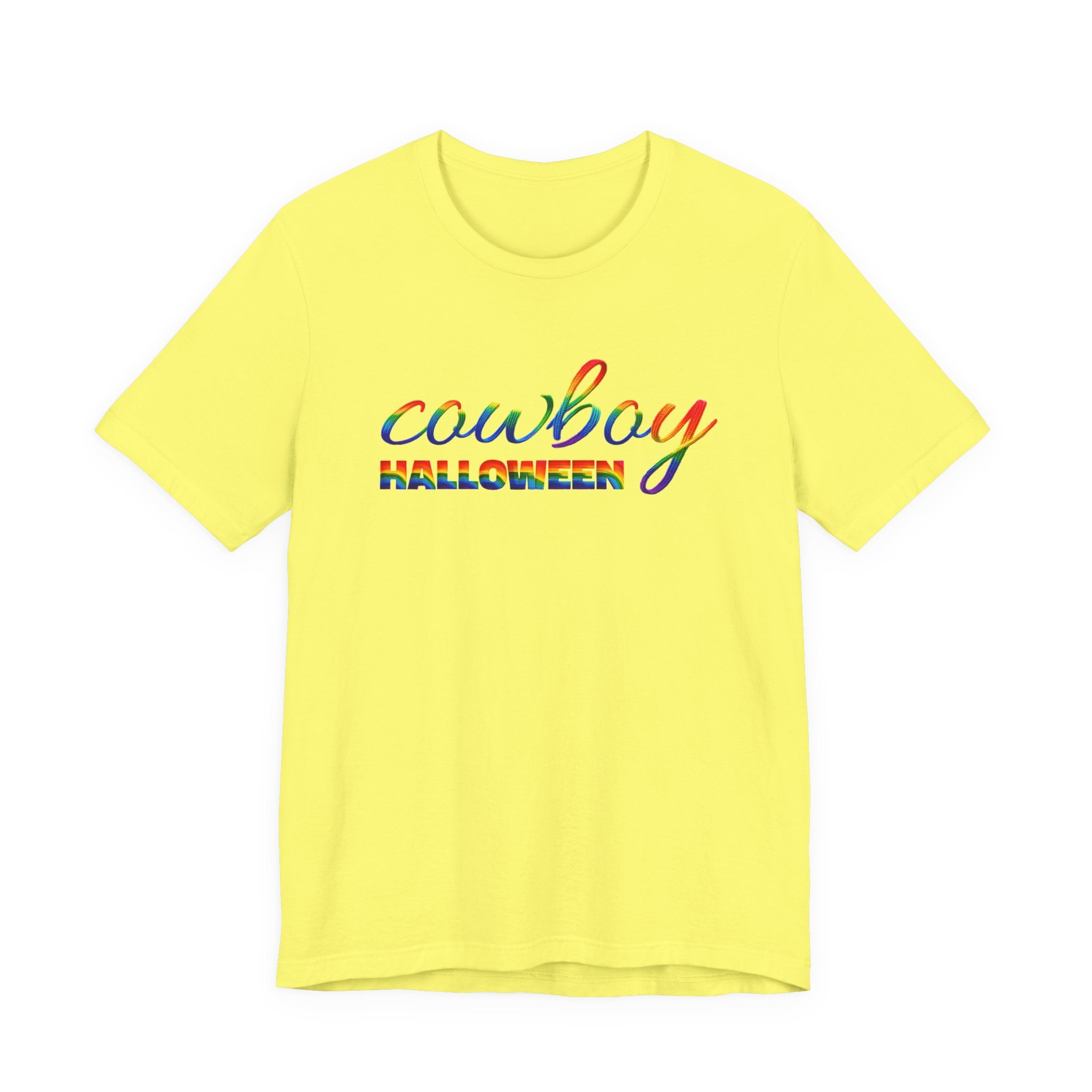 Cowboy Halloween Rainbow T‑Shirt — Colorful Script Western Halloween Tee