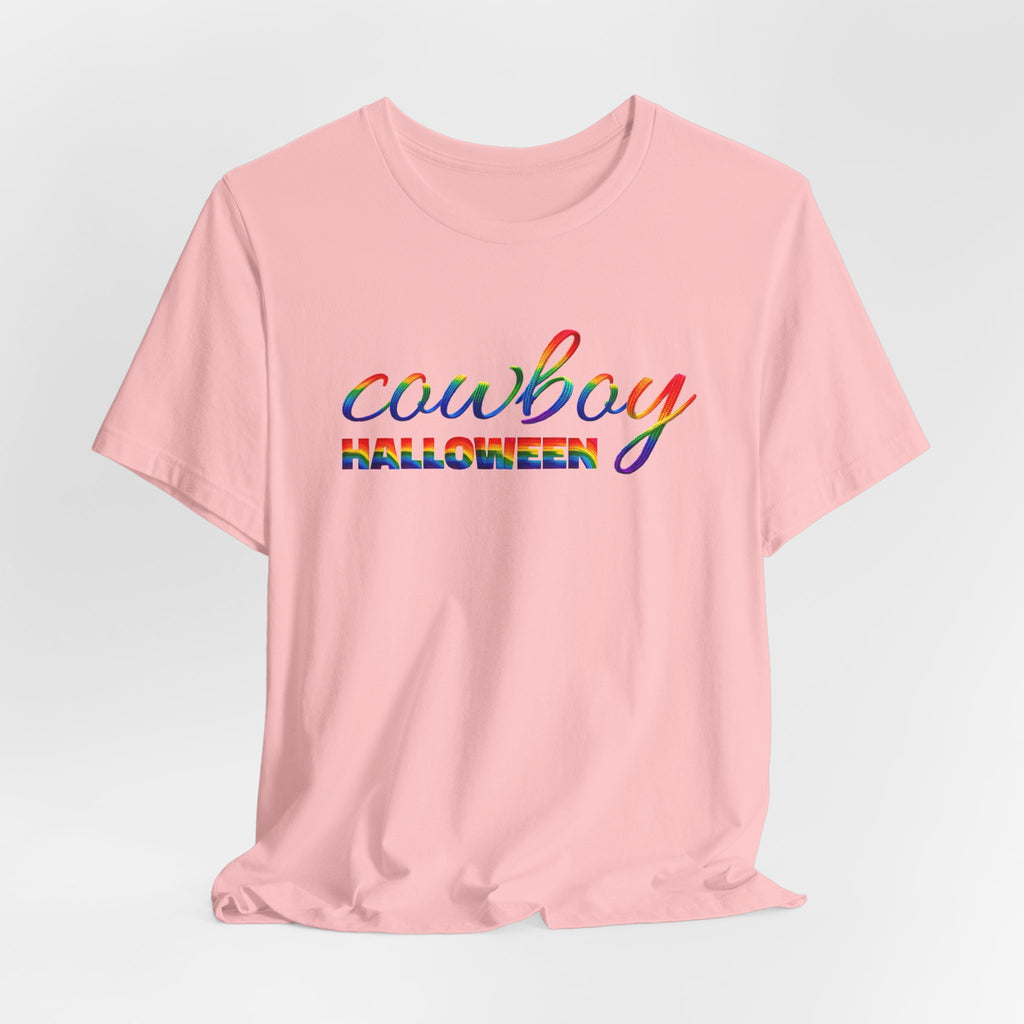 Cowboy Halloween Rainbow T‑Shirt — Colorful Script Western Halloween Tee