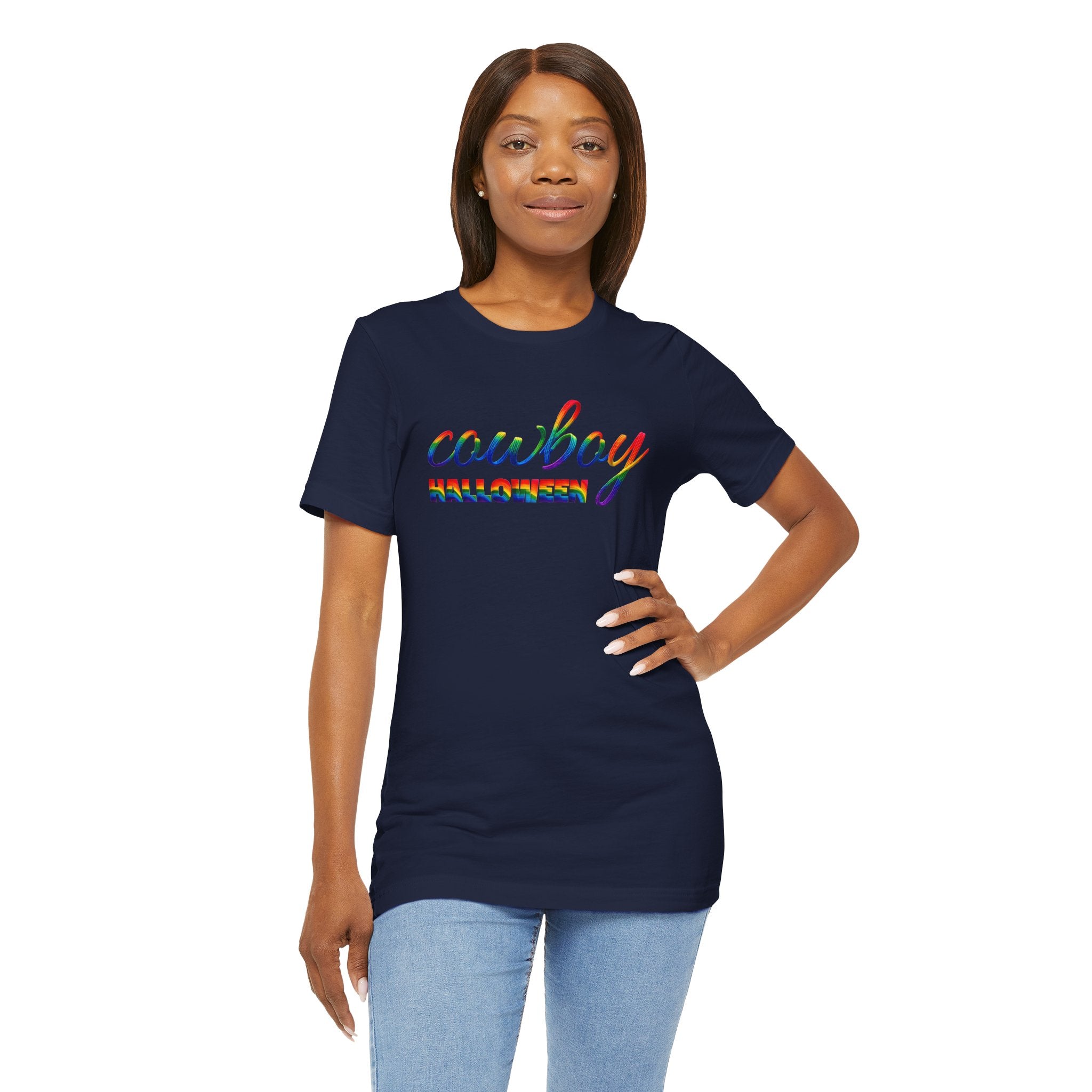 Cowboy Halloween Rainbow T‑Shirt — Colorful Script Western Halloween Tee