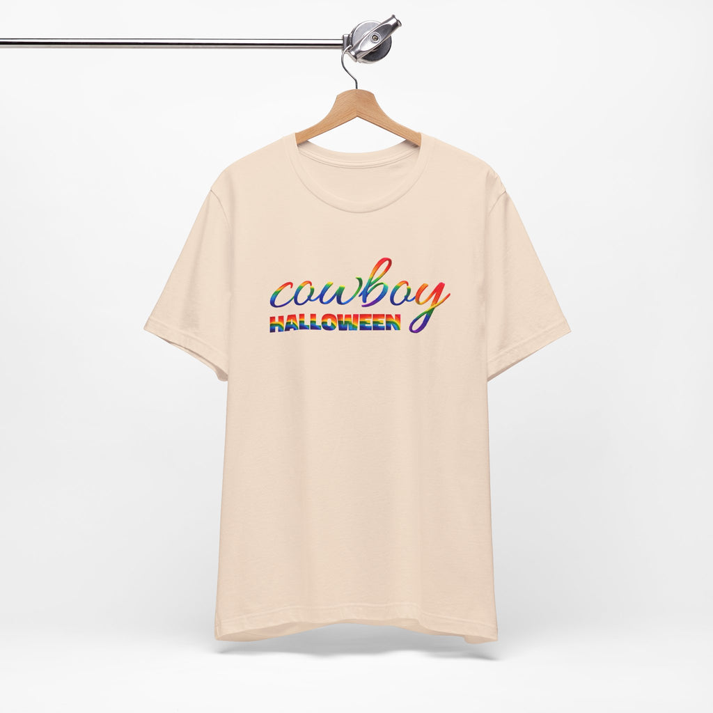 Cowboy Halloween Rainbow T‑Shirt — Colorful Script Western Halloween Tee