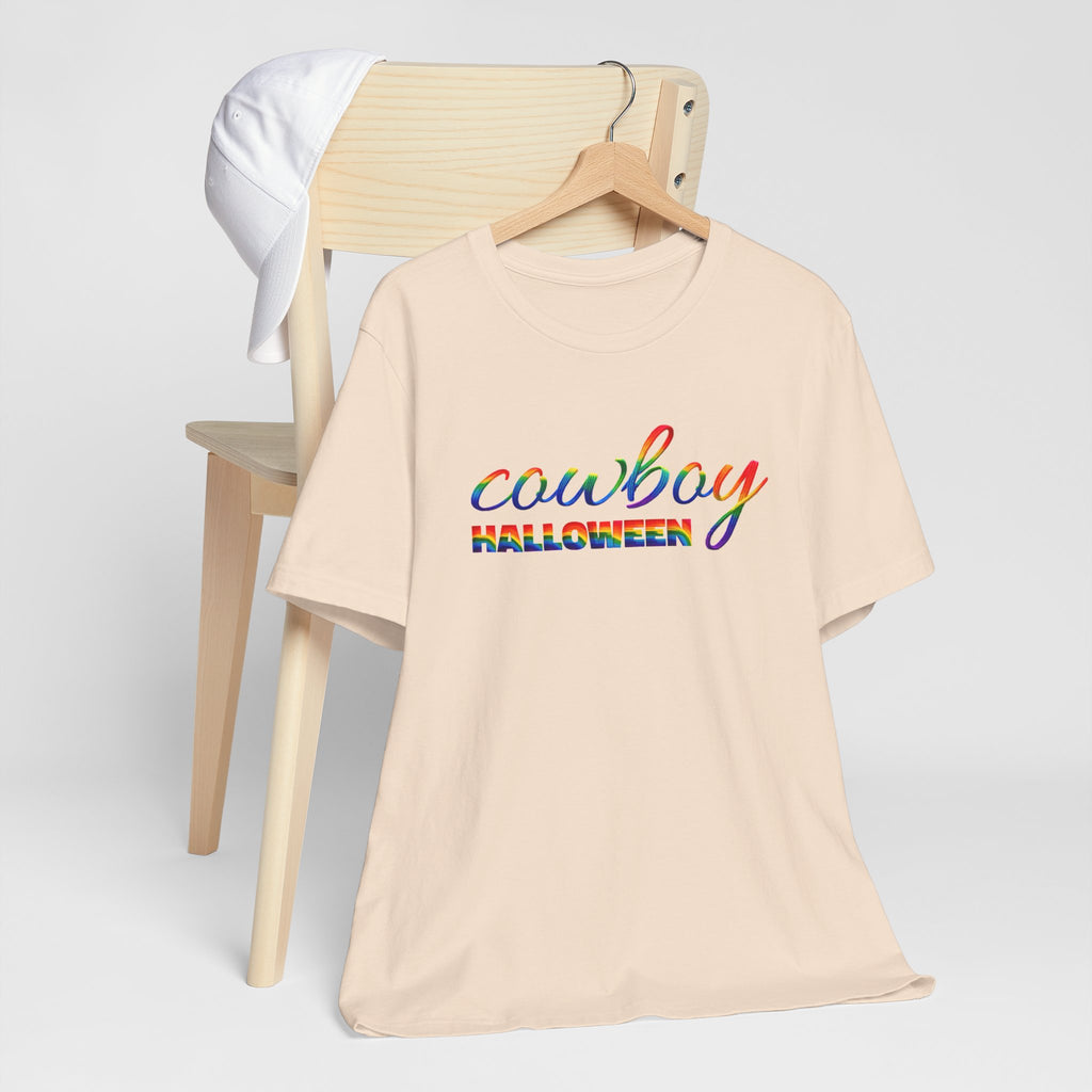 Cowboy Halloween Rainbow T‑Shirt — Colorful Script Western Halloween Tee