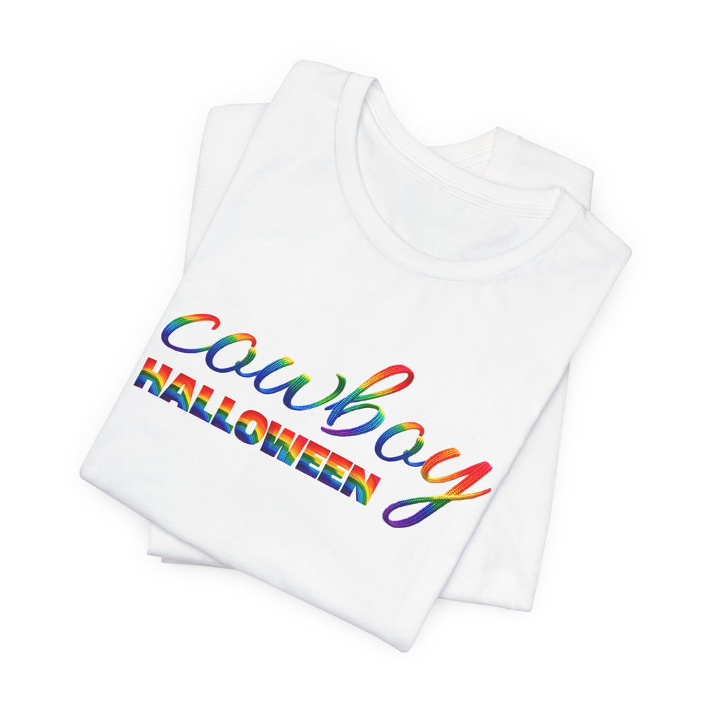 Cowboy Halloween Rainbow T‑Shirt — Colorful Script Western Halloween Tee