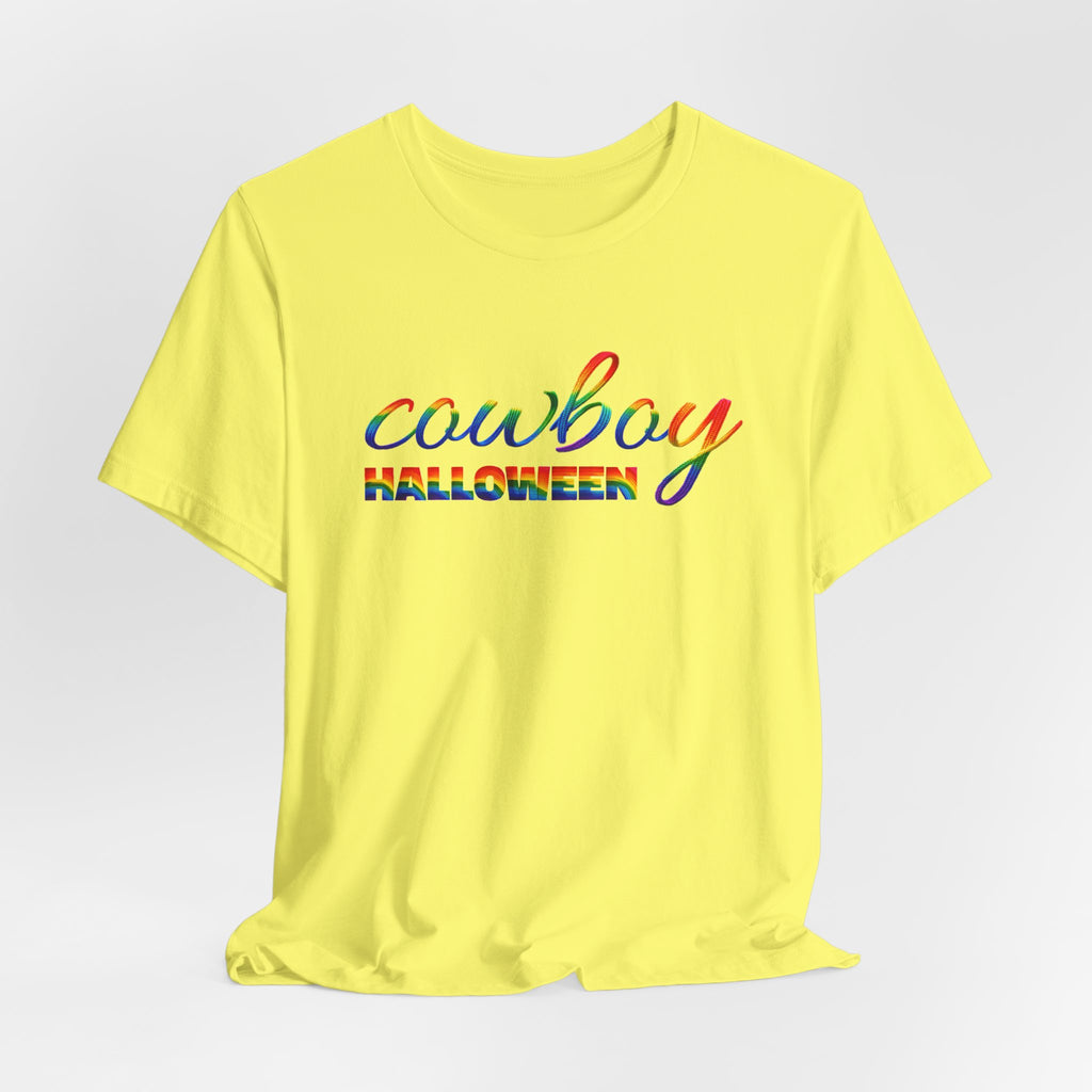 Cowboy Halloween Rainbow T‑Shirt — Colorful Script Western Halloween Tee