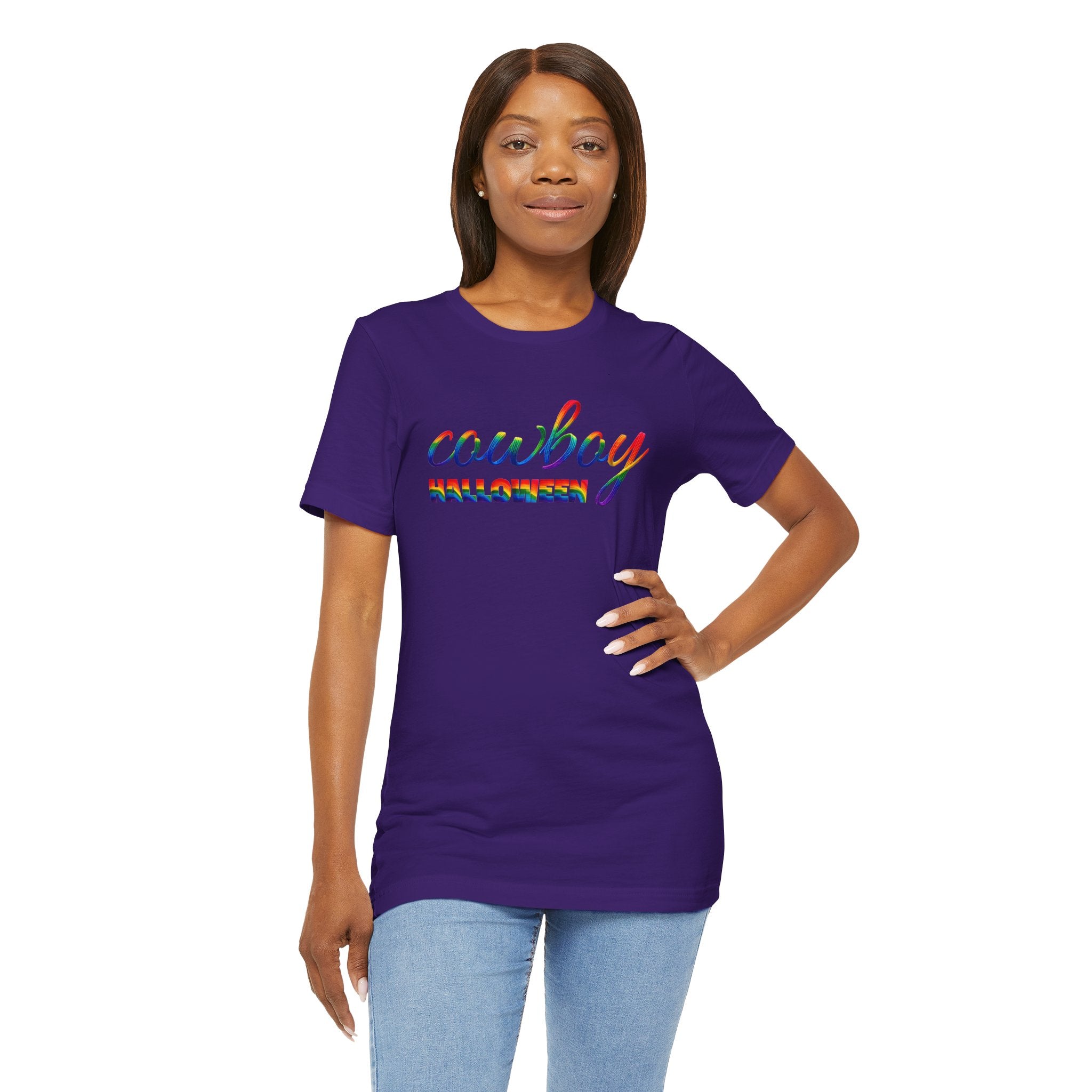 Cowboy Halloween Rainbow T‑Shirt — Colorful Script Western Halloween Tee