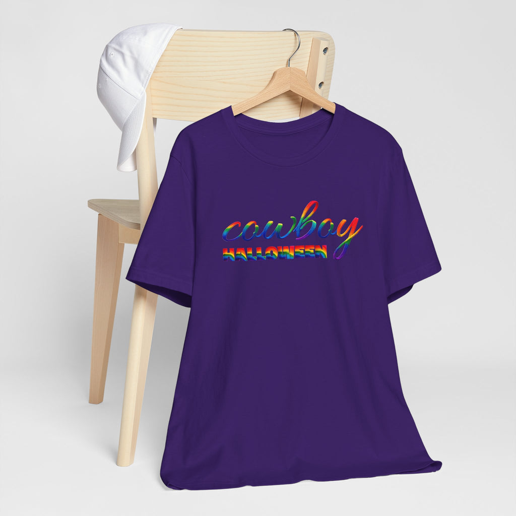 Cowboy Halloween Rainbow T‑Shirt — Colorful Script Western Halloween Tee